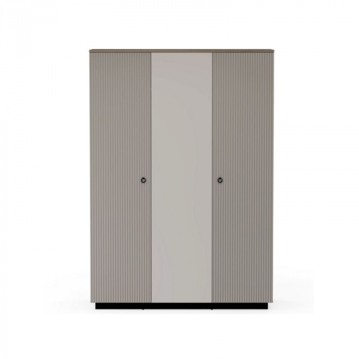 Set dormitor DOMINICA, 5 piese, pat cu somiera rabatabila 160x200 cm, dulap 3 usi cu oglinda, comoda, 2 noptiere, taupe + stejar silverjack [2]