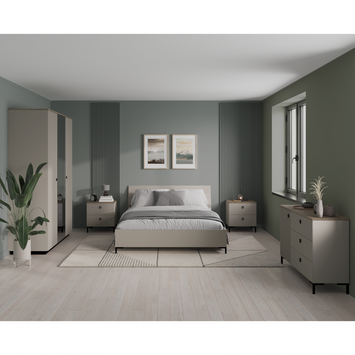 Set dormitor DOMINICA, 5 piese, pat cu somiera rabatabila 160x200 cm, dulap 3 usi cu oglinda, comoda, 2 noptiere, taupe + stejar silverjack