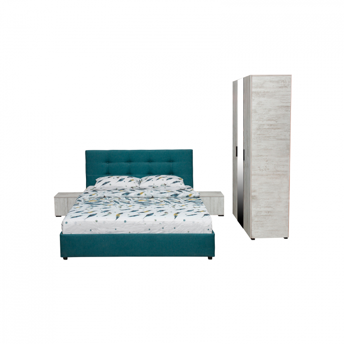 Set dormitor ECONO, 4 piese, pat 160x200 cm, dulap 3 usi, 2 noptiere, pin antichizat + turcoaz - ExpoMob [2]