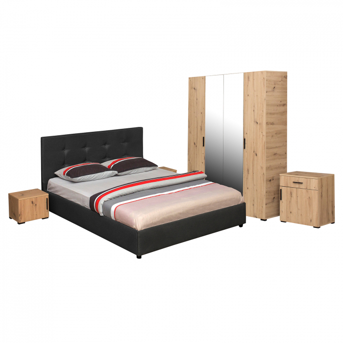 Set dormitor ECONO, 5 piese, pat 140x200 cm, dulap 4 usi, comoda, 2 noptiere, artisan + gri antracit