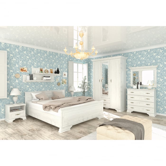 Set dormitor IRYS, 8 piese, pat 160x200 cm, dulap 5 usi, comoda, 2 noptiere, oglinda, 2 rafturi suspendate, pin anderson