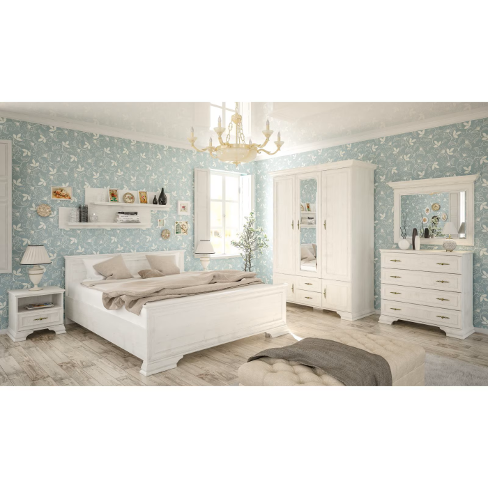 Set dormitor IRYS, 8 piese, pat 160x200 cm, dulap 5 usi, comoda, 2 noptiere, oglinda, 2 rafturi suspendate, pin anderson