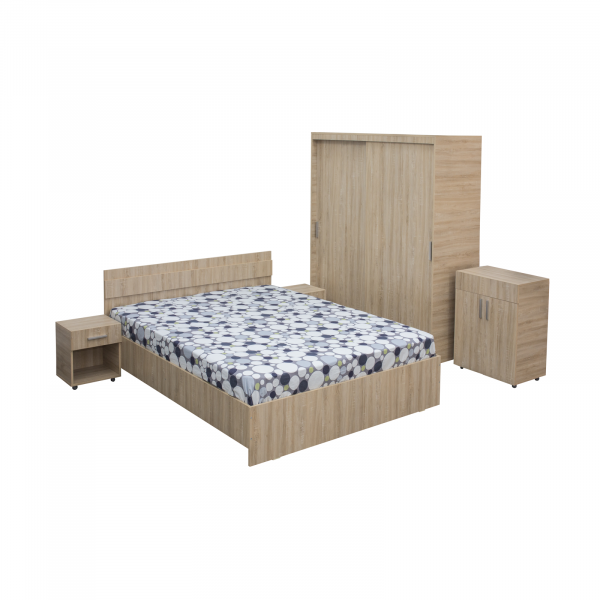 SET Dormitor CORINA, Dulap usi glisante, Pat 160x200, 2 noptiere cu sertar si comoda TV