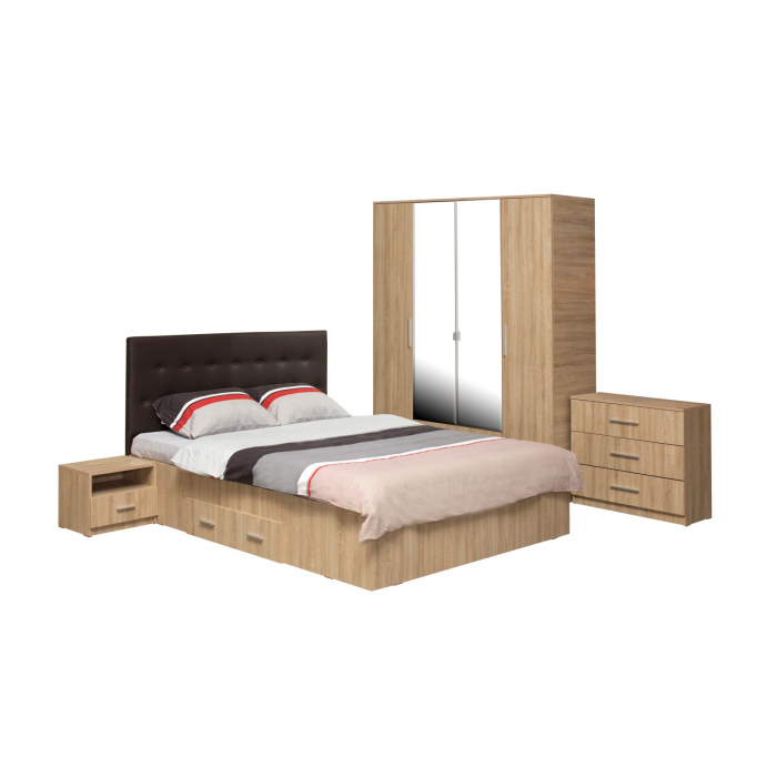 Set dormitor ofelia ii, 5 piese, pat 160x200 cm, cu sertar, dulap 4 usi, 2 noptiere, comoda, sonoma deschis