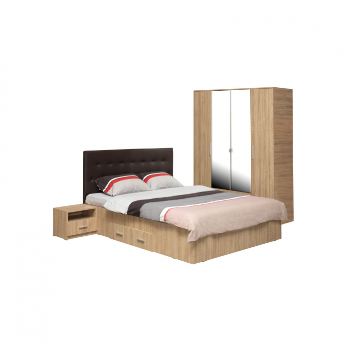 Set dormitor ofelia ii, 4 piese, pat 160x200 cm cu sertar, dulap 4 usi, 2 noptiere, sonoma deschis