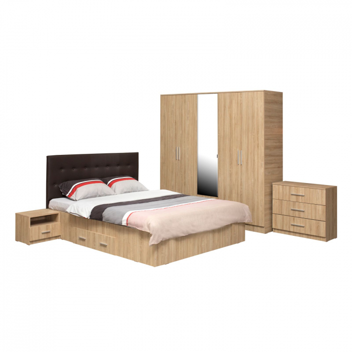 Set dormitor ofelia ii, 5 piese, pat 160x200 cm, cu sertar, dulap 5 usi, 2 noptiere, comoda, sonoma deschis