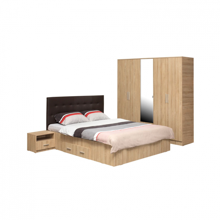 Set dormitor ofelia ii, 4 piese, pat 160x200 cm, cu sertar, dulap 5 usi, 2 noptiere, sonoma deschis