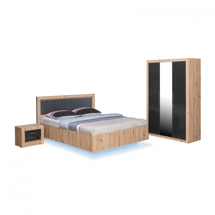 Set dormitor OSLO, 4 piese, pat 160x200 cm cu banda led, dulap 3 usi, 2 noptiere, artisan + gri antracit