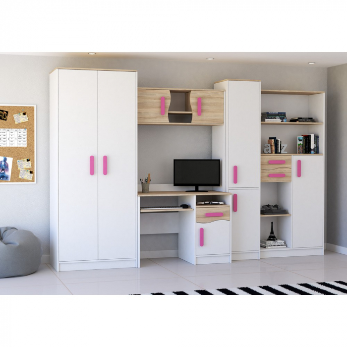 Set dormitor tineret Macius alb + sonoma, 300x52x197 cm si canapea extensibila ANA, roz, 185x82x80 cm - ExpoMob [3]