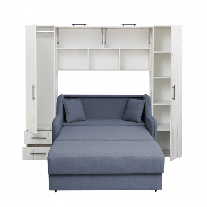 Set dormitor tineret YASMIN M1, 3 corpuri, alb Elvetia, 238x50x200 cm + Canapea GALA extensibila, 2 locuri, albastru, 143x98x98 cm - ExpoMob [2]