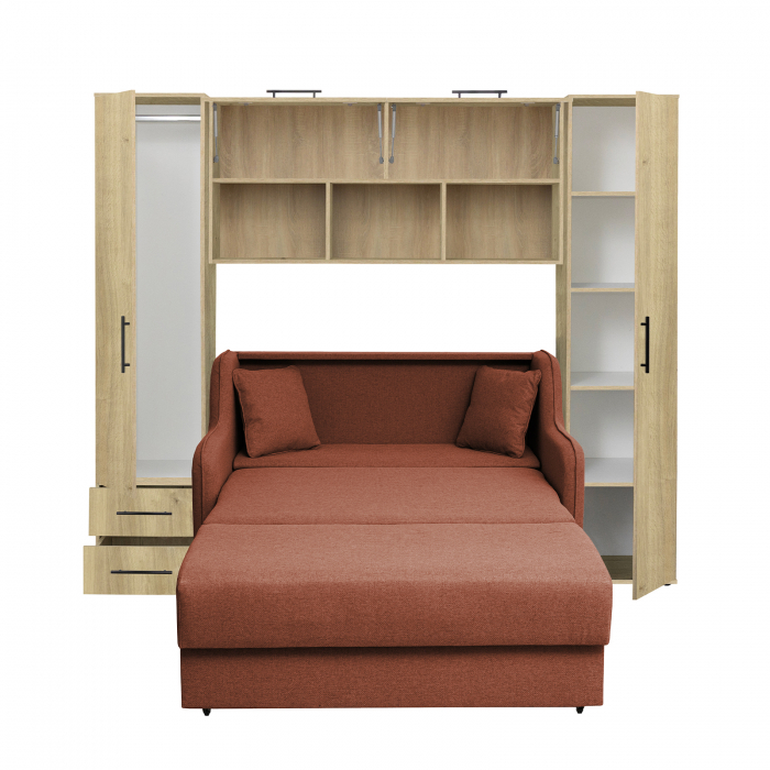 Set dormitor tineret YASMIN M1, 3 corpuri, stejar Belfast, 238x50x200 cm + Canapea GALA extensibila, 2 locuri, caramiziu, 143x98x98 cm - ExpoMob [2]