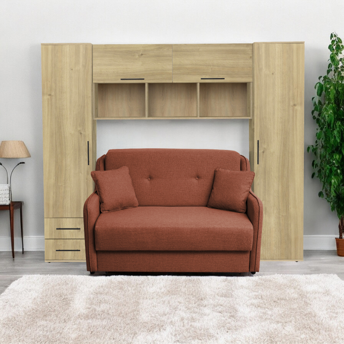 Set dormitor tineret YASMIN M1, 3 corpuri, stejar Belfast, 238x50x200 cm + Canapea GALA extensibila, 2 locuri, caramiziu, 143x98x98 cm - ExpoMob [5]