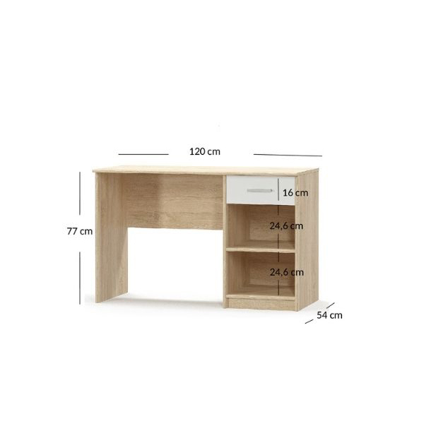 Set dormitor TIPS, 6 piese, pat 90x200 cm, dulap 4 usi, biblioteca, birou, comoda, raft, stejar sonoma + alb [9]