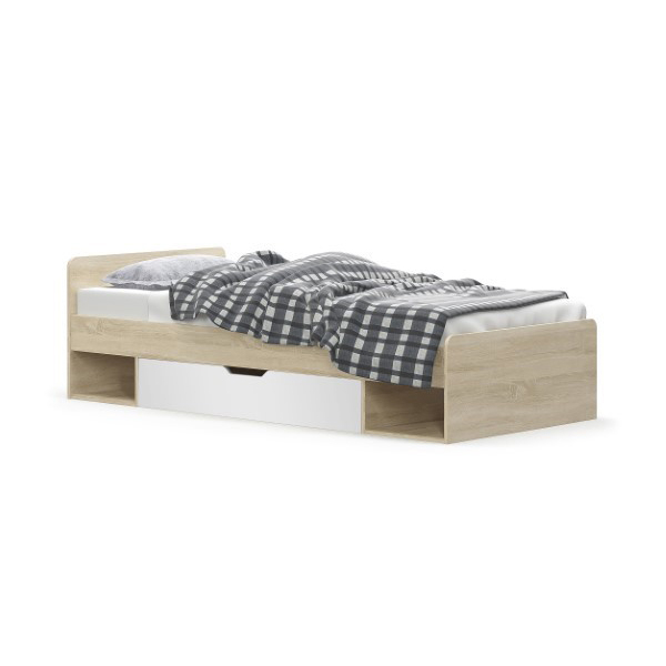 Set dormitor TIPS, 6 piese, pat 90x200 cm, dulap 4 usi, biblioteca, birou, comoda, raft, stejar sonoma + alb [7]