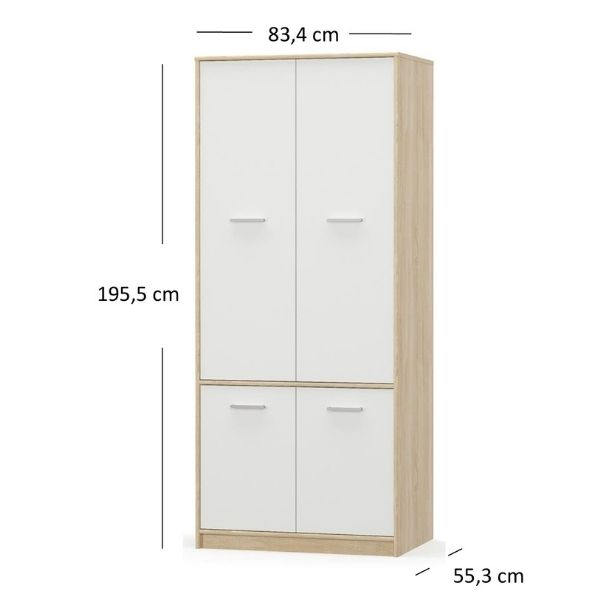 Set dormitor TIPS, 6 piese, pat 90x200 cm, dulap 4 usi, biblioteca, birou, comoda, raft, stejar sonoma + alb [11]