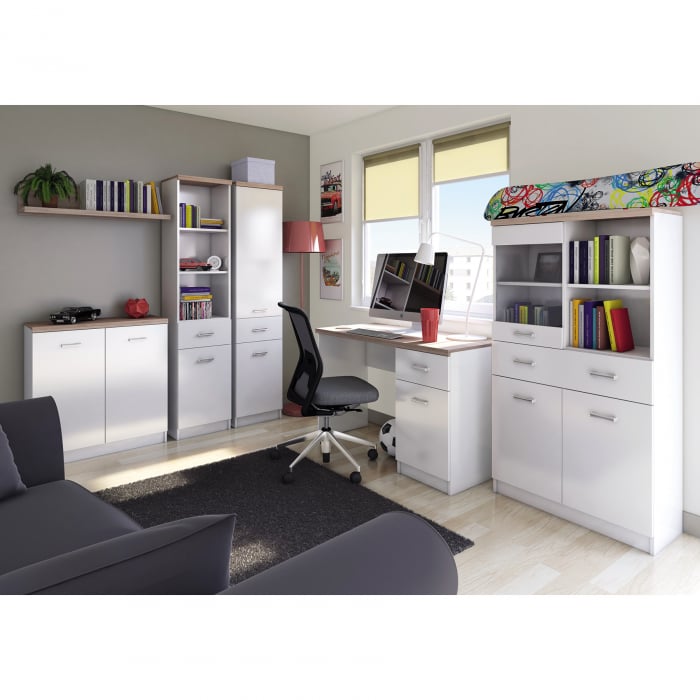 Set dormitor TOP MIX, 5 piese, birou, vitrina, 2 biblioteci, comoda, alb