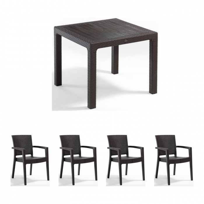 Set gradina cu masa CLASSI 90x90 cm + 4 scaune PARIS 62x58x88 cm, model ratan, maro