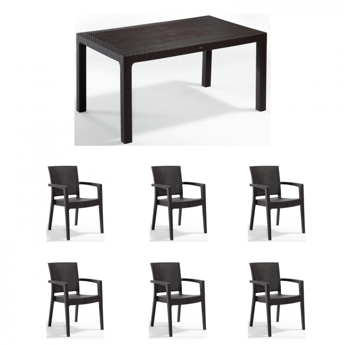 Set gradina cu masa CLASSI 90x150 + 6 scaune PARIS 62x58x88 cm, model ratan, maro