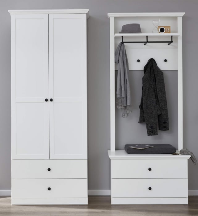 Set hol BRANDSON, 3 piese, dulap 2 usi, comoda, cuier, alb, 162x41x199 cm