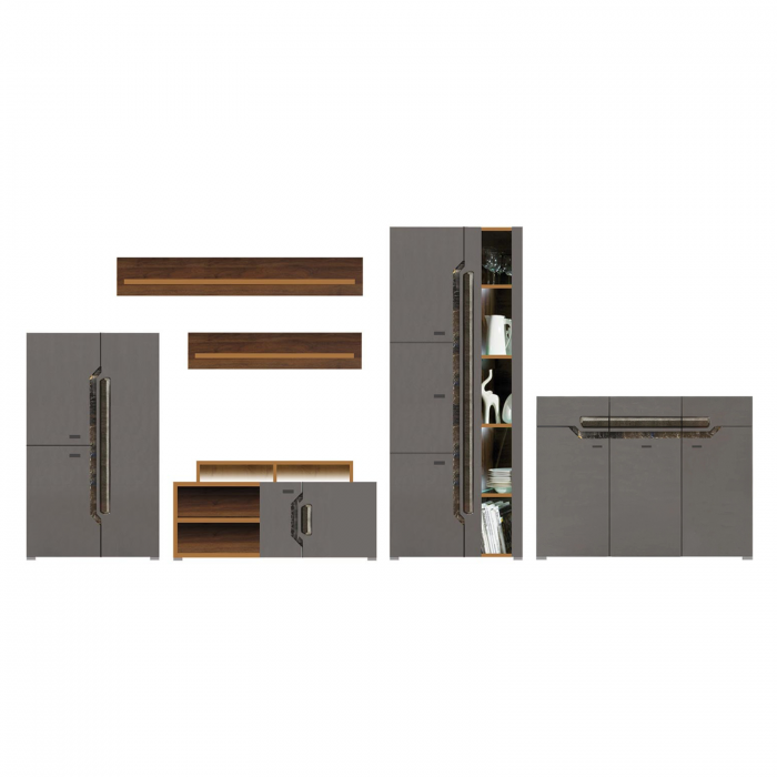 Set Living DAVOS Z.A.,6 corpuri, cu lumini LED si soft close, corp PAL nuc inchis, fronturi MDF gri si Comoda DAVOS D 12, 3 usi si 3 sertare