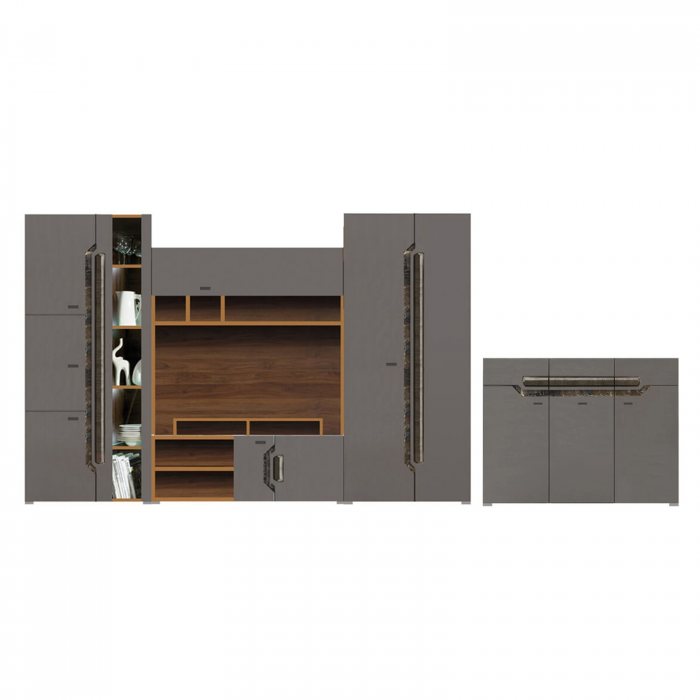 Set Living DAVOS Z.P., 4 corpuri, cu lumini LED si soft close, corp PAL nuc inchis, fronturi MDF gri si Comoda DAVOS D 12, 3 usi si 3 sertare