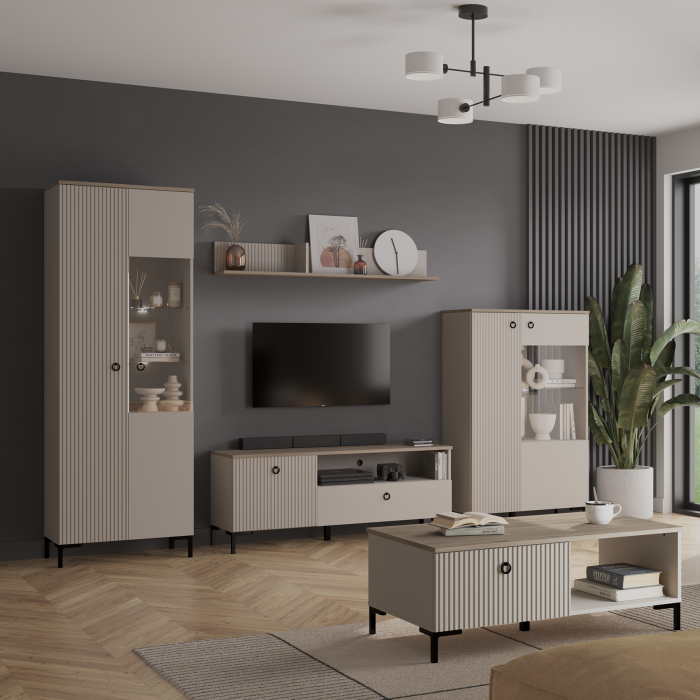 Set Living DOMINICA, 5 piese, 2 vitrine, comoda TV,  masuta de cafea, raft suspendat, taupe + stejar silverjack, 290x41x199 cm
