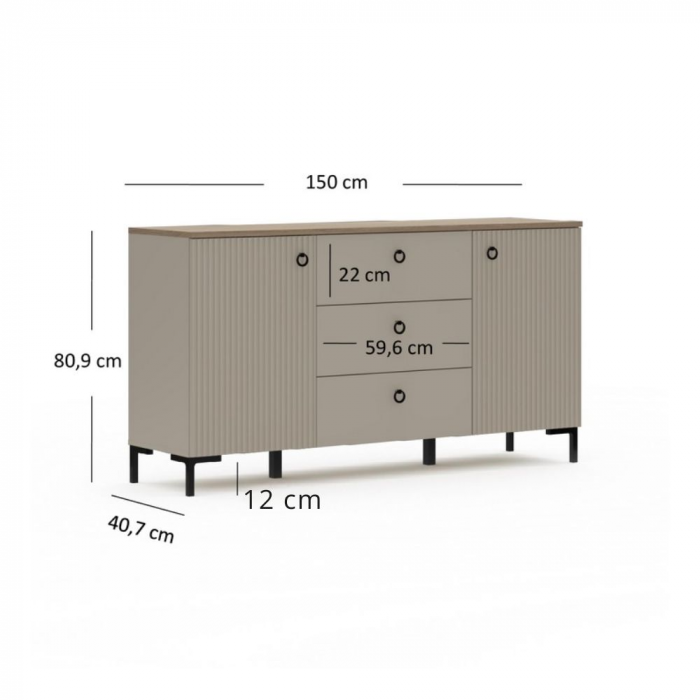 Set Living DOMINICA, 6 piese, 2 vitrine, comoda TV, comoda, masuta de cafea, raft suspendat, taupe + stejar silverjack, 440x41x199 cm [12]