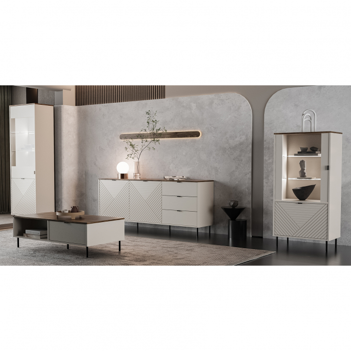 Set Living EVO, 4 piese, 2 vitrine, comoda, masuta cafea, casmir + stejar castello, 315x40x135 cm