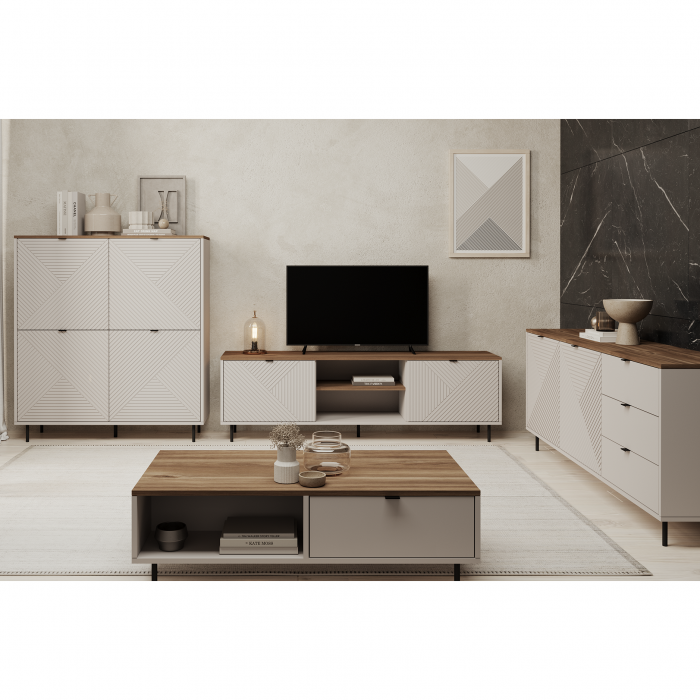 Set Living EVO, 4 piese, comoda TV, comoda, biblioteca, masuta cafea, casmir + stejar castello, 490,2x40x135,2 cm