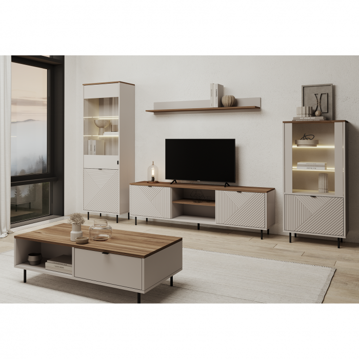 Set Living EVO, 5 piese, 2 vitrine, comoda TV, masuta cafea, raft suspendat, casmir + stejar castello, 315x40x195 cm