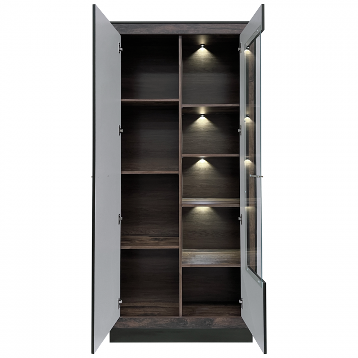 Set Living FOX, 5 corpuri, cu lumini LED, 2 x vitrina FOX2, comoda FOX4, etajera FOX6, comoda FOX12, corp eger, fronturi MDF eger + negru [5]