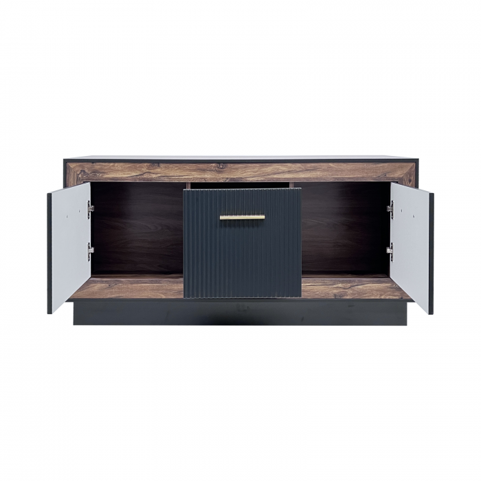 Set Living FOX, 5 corpuri, cu lumini LED, 2 x vitrina FOX2, comoda FOX4, etajera FOX6, comoda FOX12, corp eger, fronturi MDF eger + negru [8]