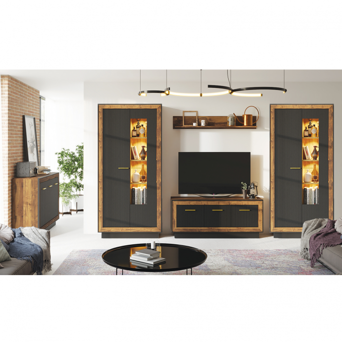 Set Living FOX, 5 corpuri, cu lumini LED, 2 x vitrina FOX2, comoda FOX4, etajera FOX6, comoda FOX12, corp eger, fronturi MDF eger + negru