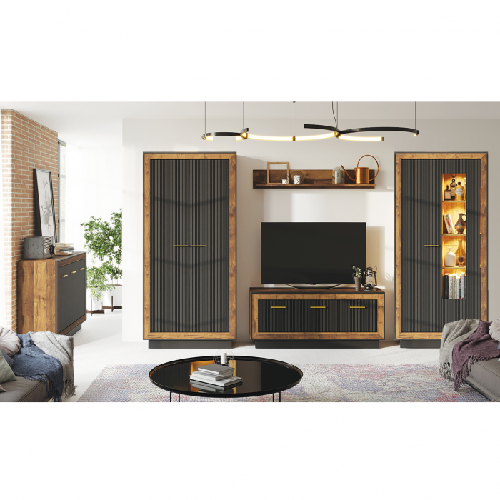 Set Living FOX, 5 corpuri, cu lumini LED, dulap FOX1, vitrina FOX2, comoda FOX4, etajera FOX6, comoda FOX12, corp eger, fronturi MDF eger + negru