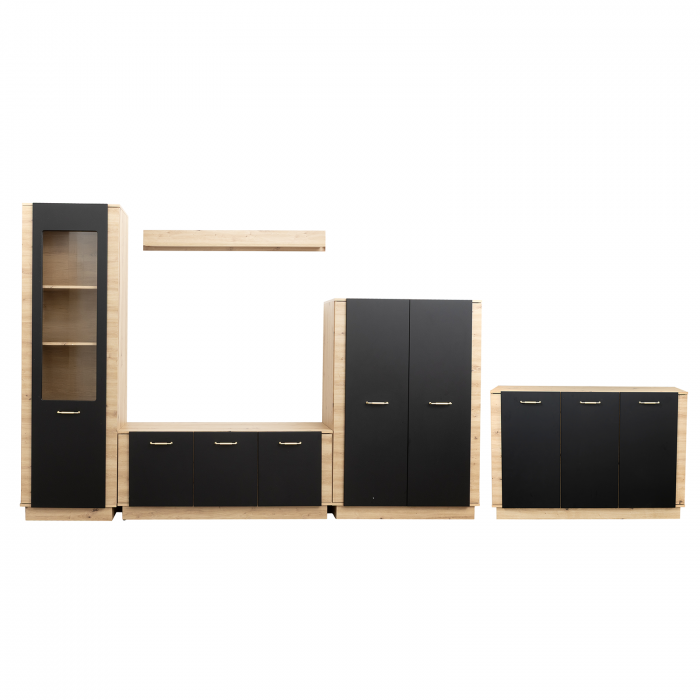 Set Living SOFIA Z.A., 4 corpuri si Comoda SO 12, 2 usi, soft close, corp artisan, fronturi MDF artisan + negru, 430x39x198 cm
