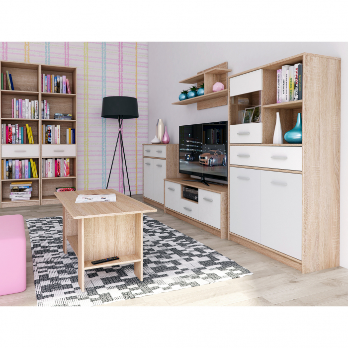 Set Living TIPS, 7 piese, comoda TV, 2 biblioteci deschise, comoda, vitrina, masuta de cafea, raft suspendat, stejar sonoma + alb