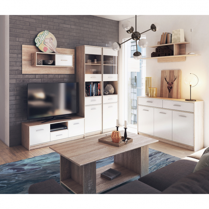 Set Living TIPS, 7 piese, comoda TV, 2 vitrine, comoda, masuta de cafea, 2 rafturi, stejar sonoma + alb