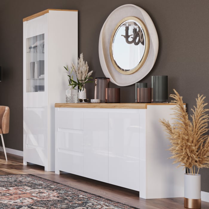 Set Living VIGO, 3 piese, comoda TV, vitrina, masuta de cafea,  alb  + stejar wotan