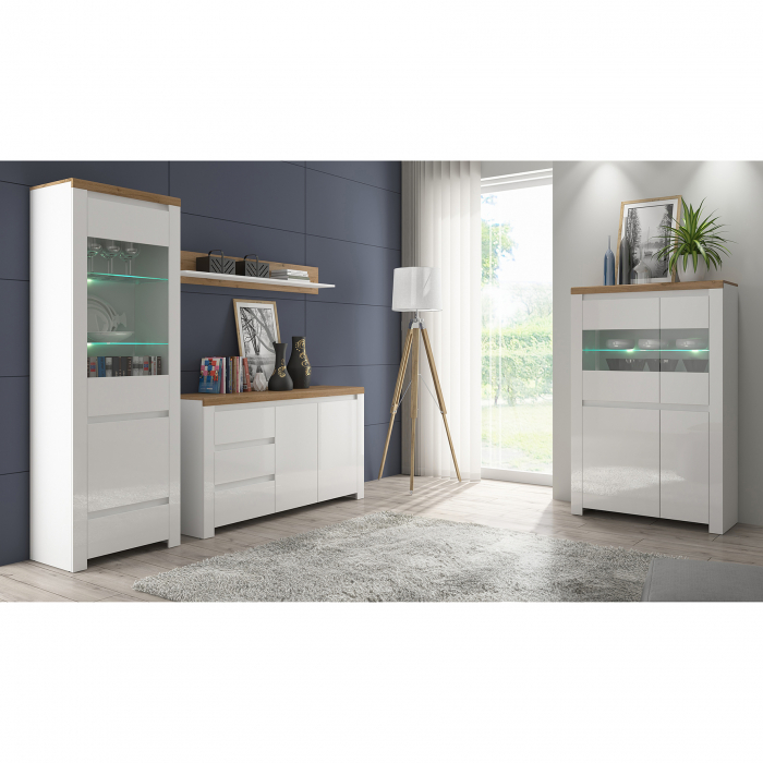 Set Living VIGO, 4 piese, 2 vitrine, comoda, raft suspendar, alb  + stejar wotan
