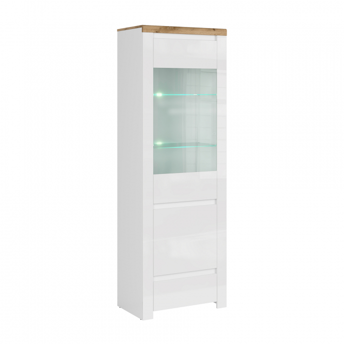 Set Living VIGO, 4 piese, 2 vitrine, comoda, raft suspendar, alb  + stejar wotan [2]