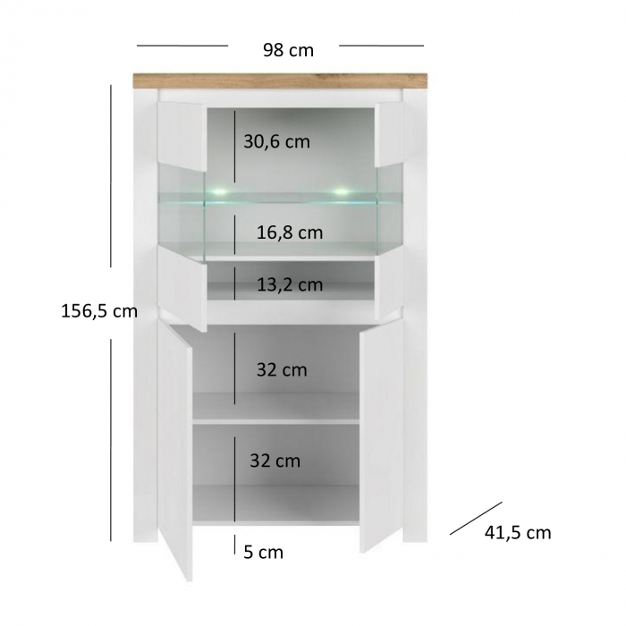 Set Living VIGO, 5 piese, comoda TV, 2 vitrine, masuta de cafea, raft suspendat, alb  + stejar wotan, 322x41,5x202 cm [7]