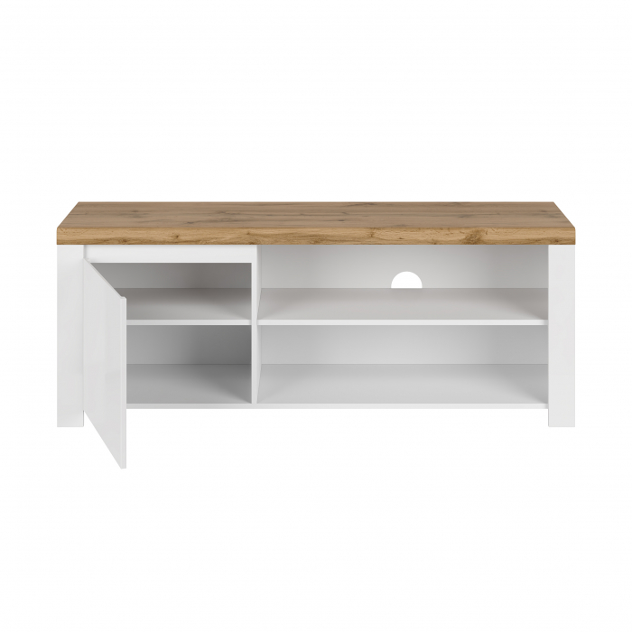 Set Living VIGO, 5 piese, comoda TV, 2 vitrine, masuta de cafea, raft suspendat, alb  + stejar wotan, 322x41,5x202 cm [3]