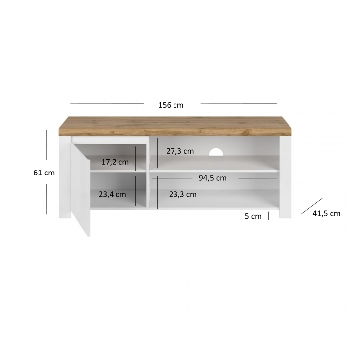 Set Living VIGO, 5 piese, comoda TV, 2 vitrine, masuta de cafea, raft suspendat, alb  + stejar wotan, 322x41,5x202 cm [8]