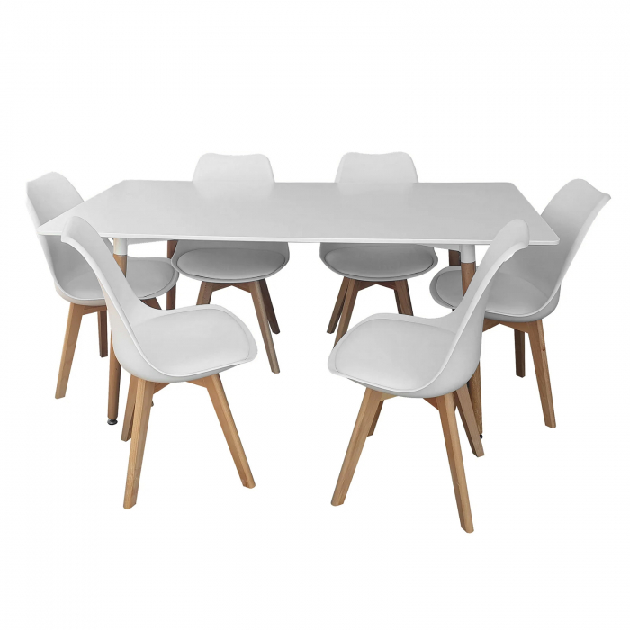 Set masa cu 6 scaune HB01, dreptunghiulara, 6 persoane, alb, 160x80x74 cm