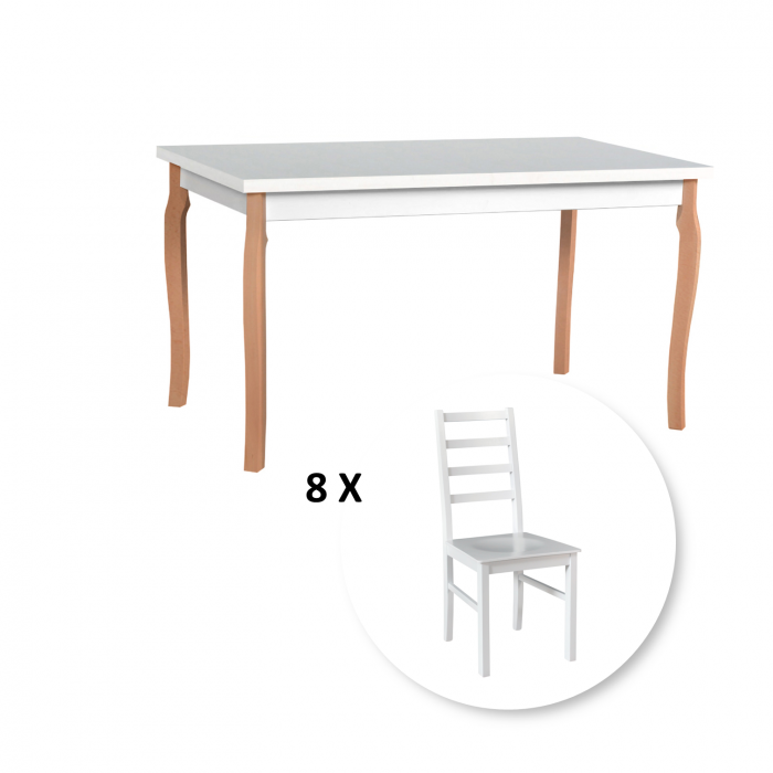 Set masa extensibila ALBA 5, fag + alb, 140 180x80x78 cm + 8 scaune NILO 8D, alb