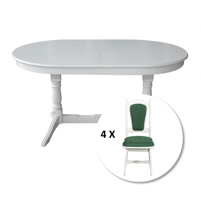 Set masa extensibila EUROPA ovala cu 4 scaune IZA stofa verde, lemn masiv, alb, 160 240x90x70 cm