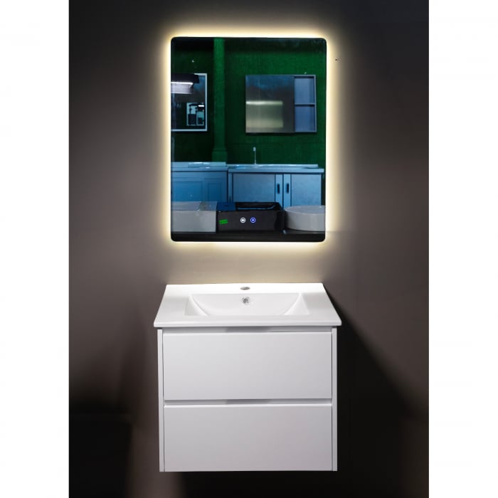 Set mobilier baie PVC alb Andra YJ-60-800 cu lavoar ceramic si oglinda cu LED antiaburire 80 cm