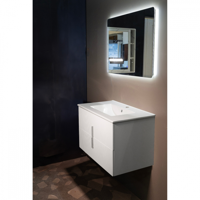 Set mobilier baie PVC alb riflat Cristina YJ-064-600 cu lavoar ceramic si oglinda cu LED antiaburire 60 cm [2]