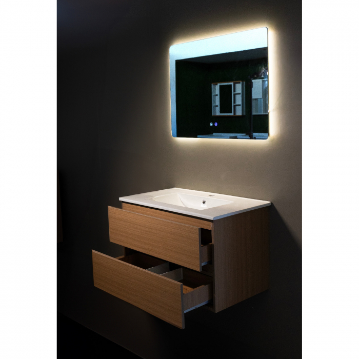 Set mobilier baie PVC maro Ioana YJ-065-600 cu lavoar ceramic si oglinda LED cu antiaburire 60 cm [3]
