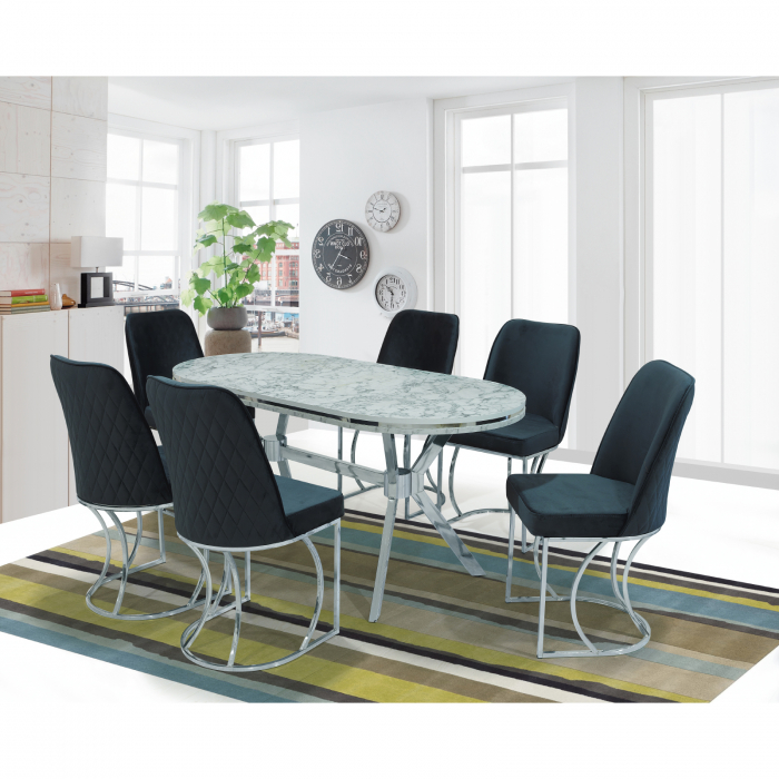 Set TIMARA, masa cu 6 scaune, ovala, 6 persoane, marmura carrara+ argintiu + gri, 160x80 cm [7]